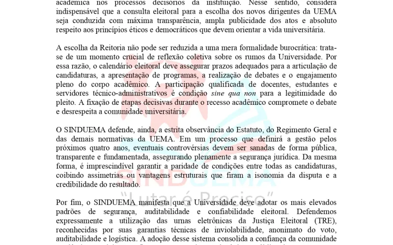 SINDUEMA divulga nota em defesa da democracia e da isonomia nas eleições para Reitoria da UEMA