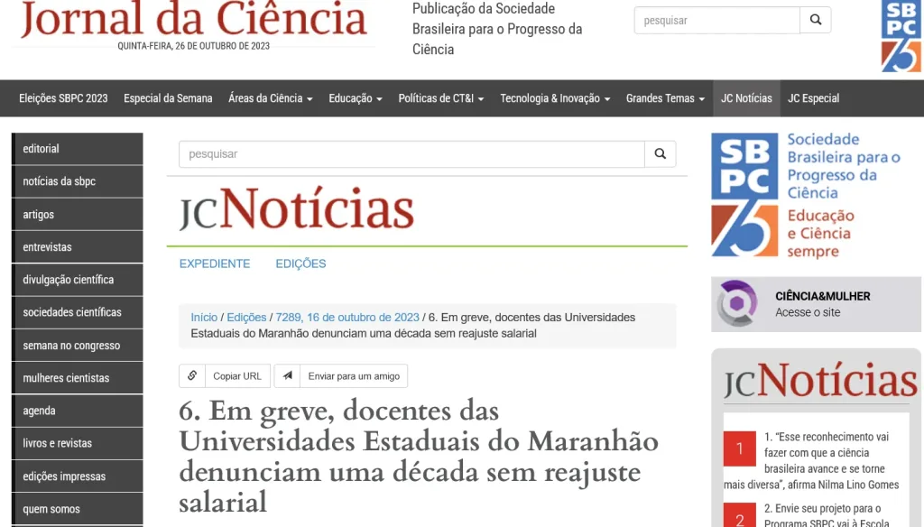 Publicação nacional da SBPC destaca a greve na UEMA e UEMASUL